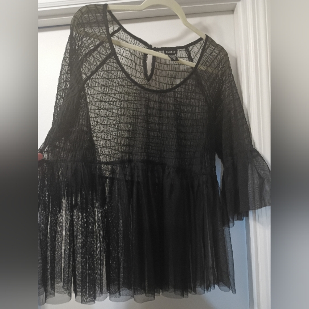 Torrid Black Smocked Sheer Mesh Pullover Blouse